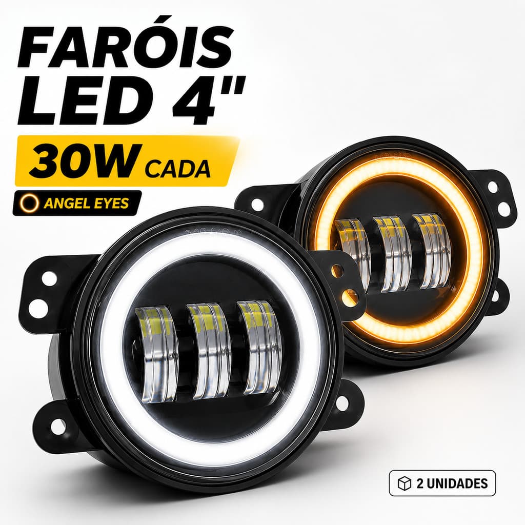Par Farol Auxiliar LED 4 Pol 30W com Halo DRL e Pisca Âmbar IP68 Universal 12V 24V para Moto Carro 4x4