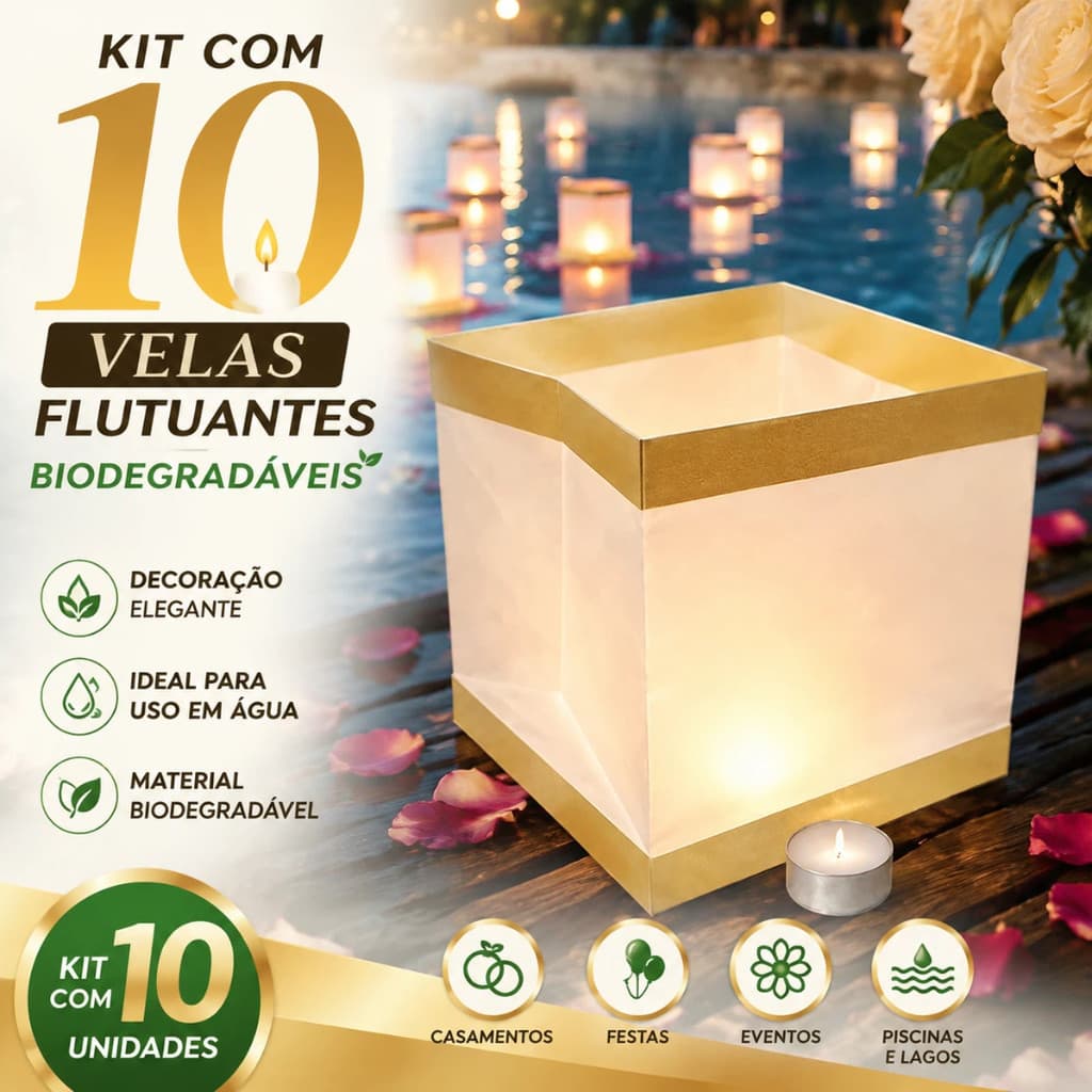 Kit 10 Velas Flutuantes Biodegradáveis para Decoração Casamento Festa Lago e Piscina