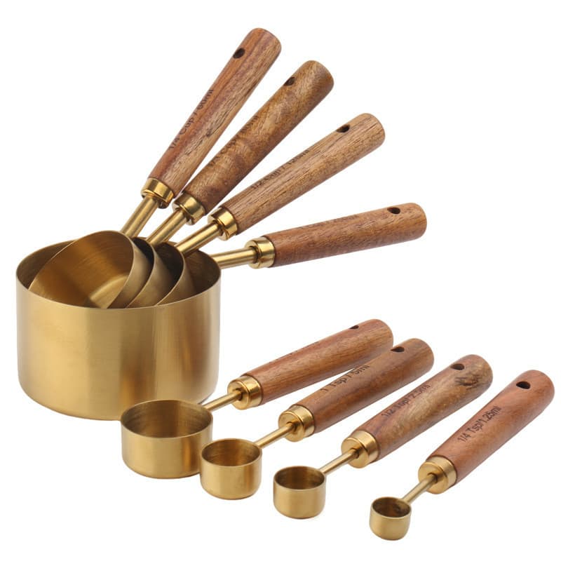 Colher medidora de aço inoxidável com cabo de madeira, conjunto de copos medidores, colher medidora para confeitaria, co