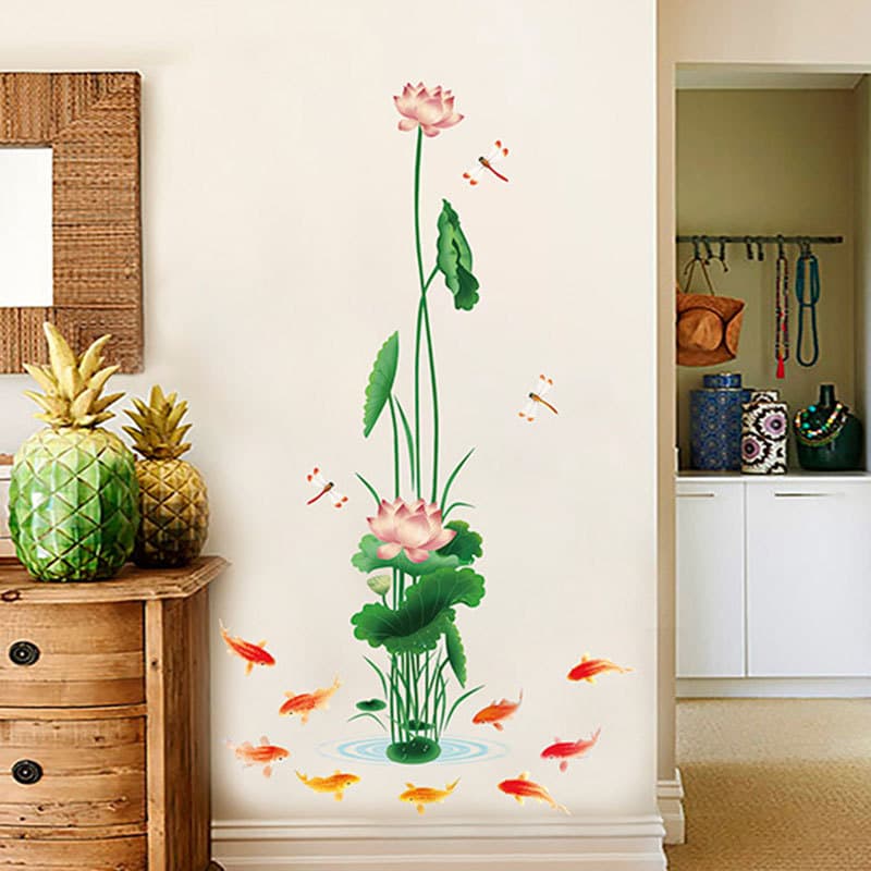 Adesivos de parede de lótus estilo chinês clássico lagoa de lótus Koi sala de estar quarto entrada fundo decoração da pa