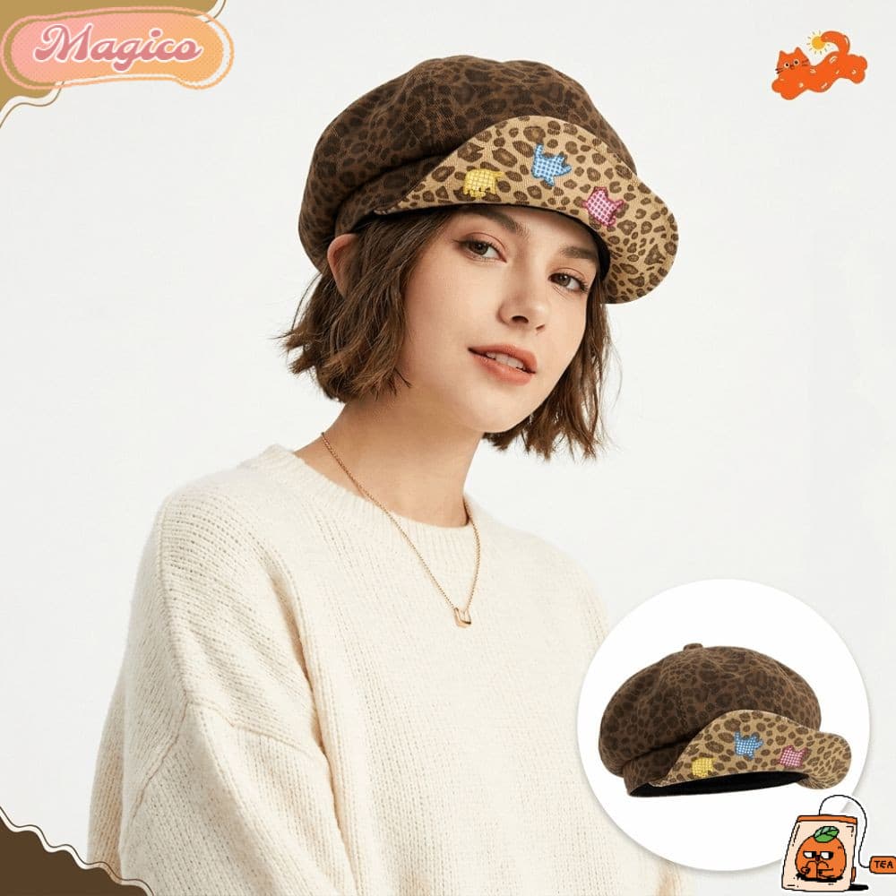Boné MAGICO Newsboy , Chapéu De Boina Com Aba Larga E Estampa De Leopardo , Punho Em Formato De Nuvem