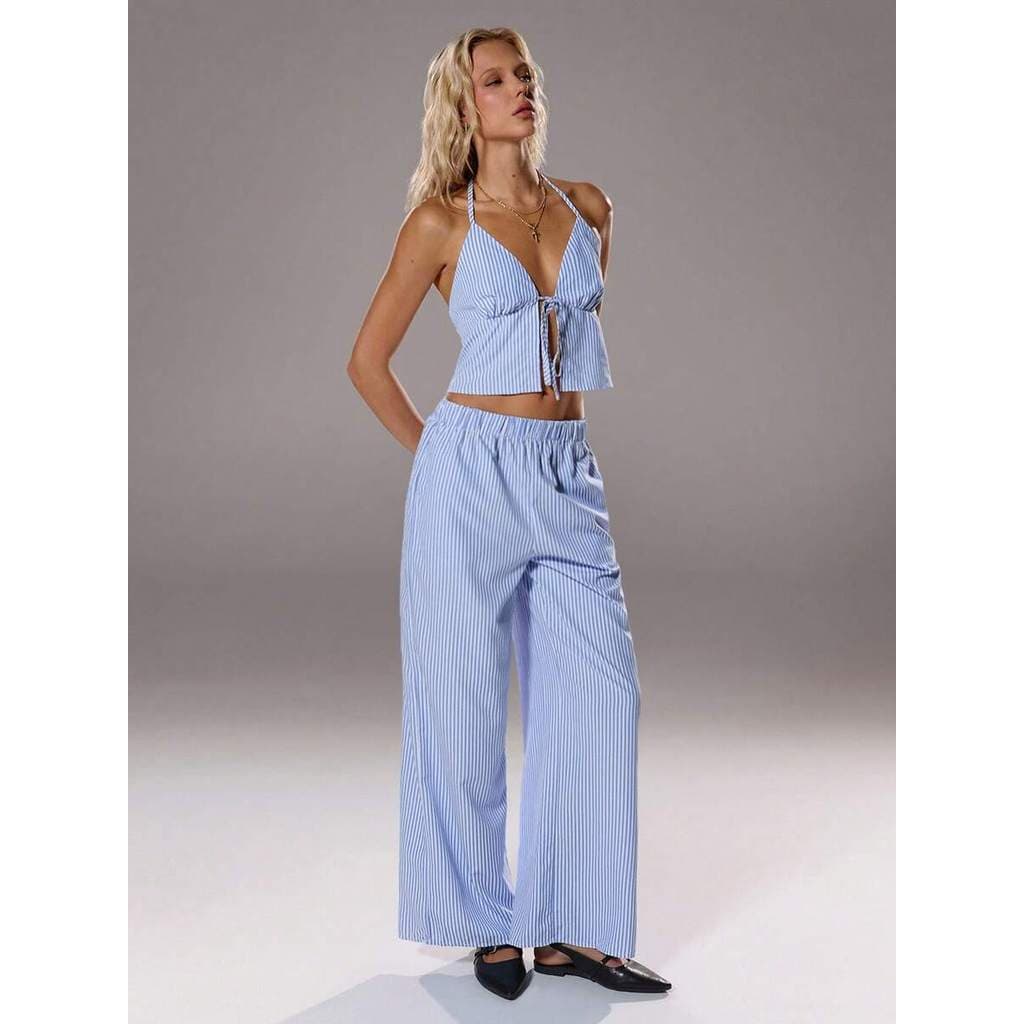 Conjunto Casual Feminino de Duas Peças com Regata Listrada e Calça Retilínea Elástica