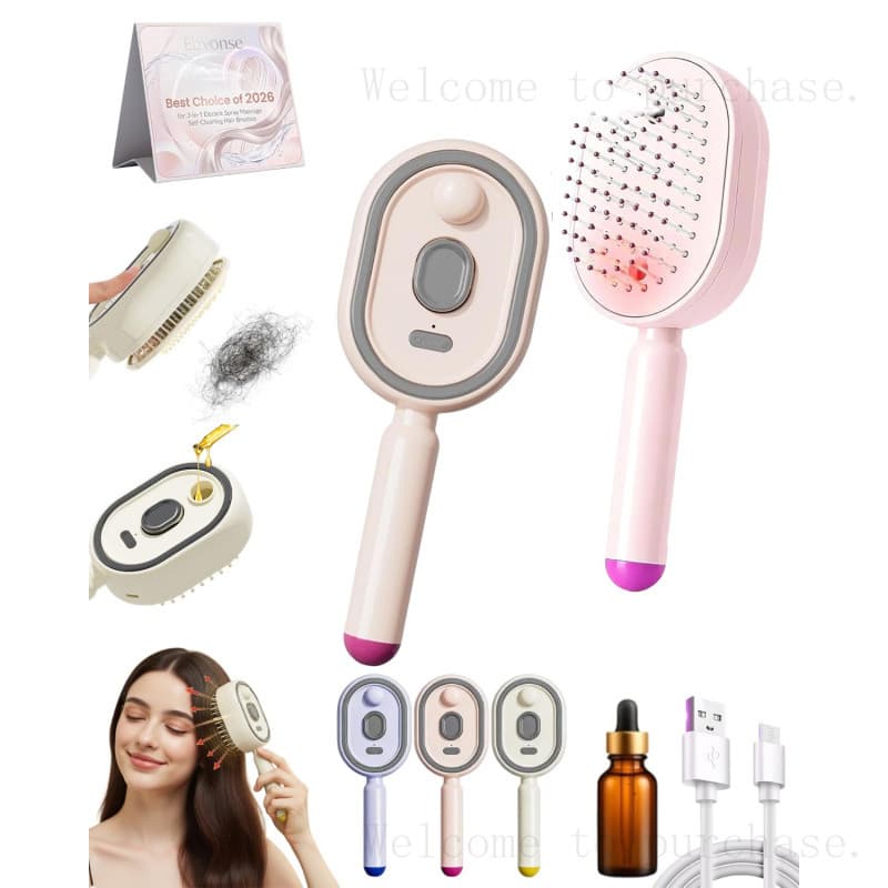 Escova de Cabelo Elétrica 3 em 1 com Spray, Massagem e Limpeza Automática, Pulverizador de Água, Escova com Almofada de
