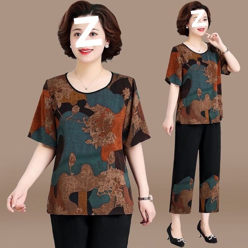 Conjunto de mãe de seda gelada feminino idoso de meia-idade camiseta de manga curta + tornozelo @