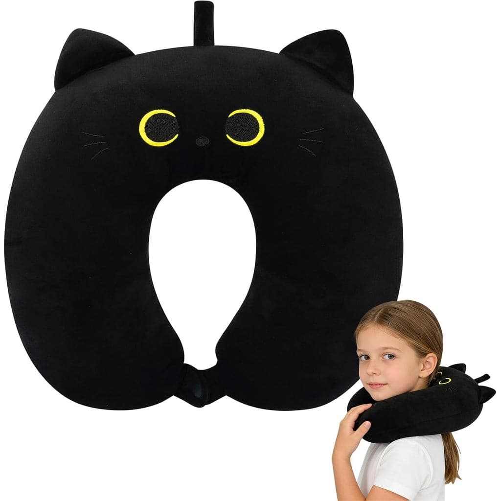 Almofada de Viagem para Crianças, Almofada de Pescoço de Viagem em Forma de Gato Preto, Apoio de Cabeça de Desenho Anima