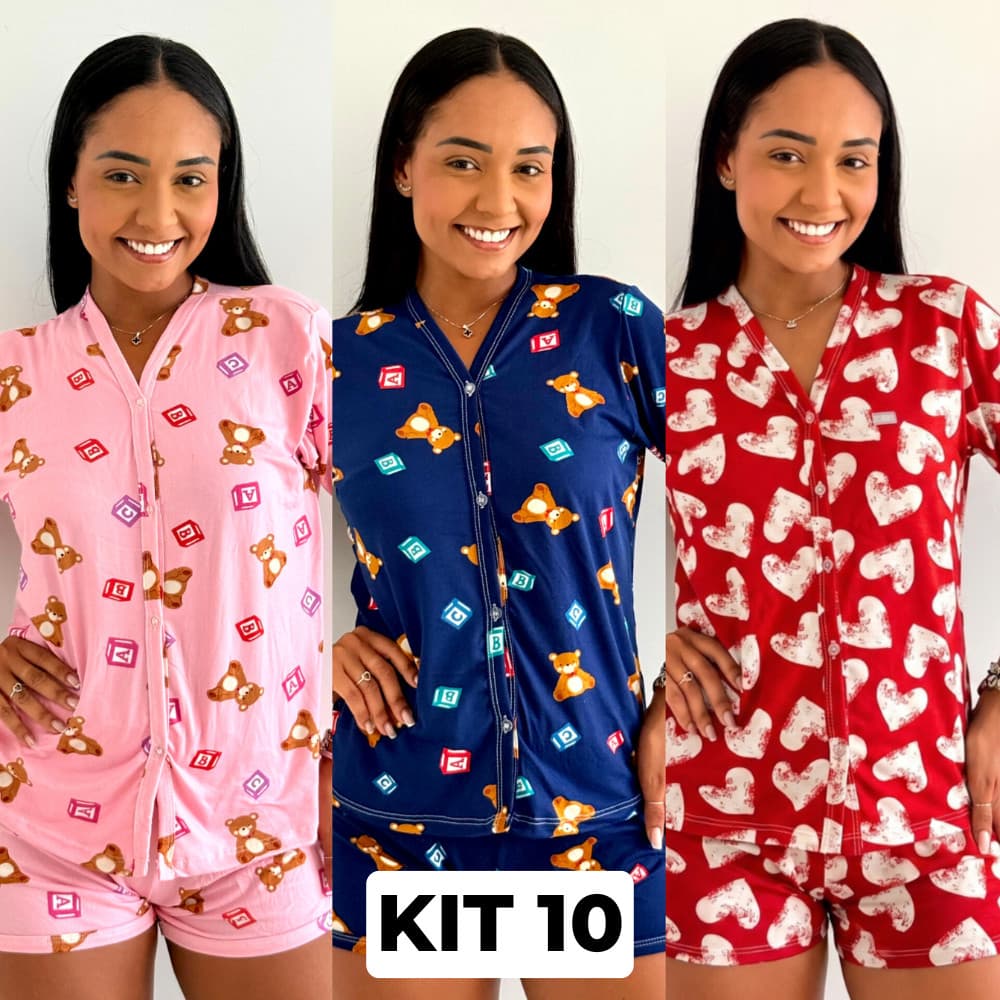 Kit com 10 Pijamas Feminino Estilo Americano Estampado Com Abotoamento Frontal Sortidos