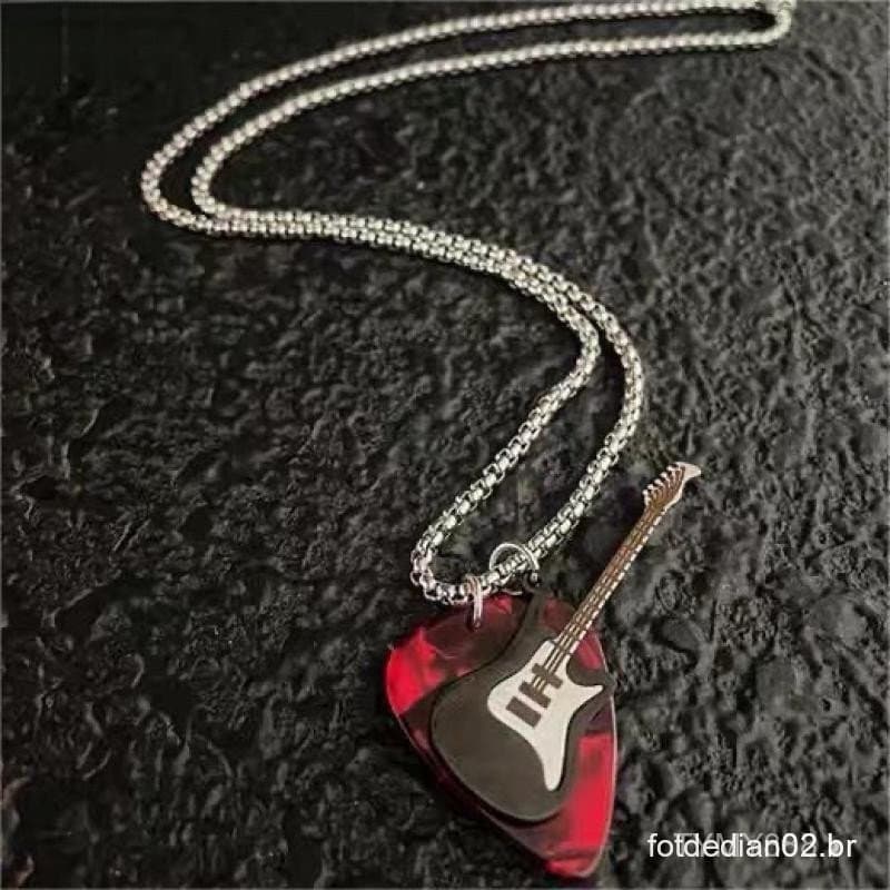 Colar com pingente de guitarra estilo hip-hop, gargantilha de corrente punk em aço titânio, acessório de suéter retrô e