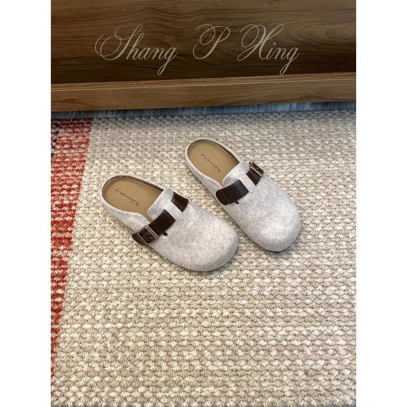 Sapatos cinza de sola grossa Baotou meia chinelos sapatos femininos exterior Wear 2025 outono inverno fivela de cinto de