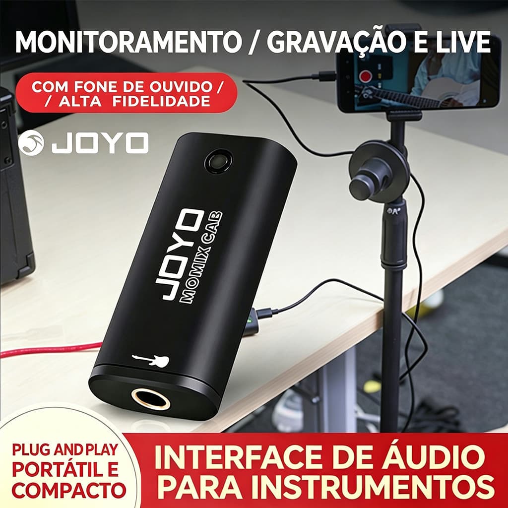 Interface de Áudio Portátil JOYO MOMIX CAB para Violão Guitarra Baixo Gravação e Live Monitoramento Plug and Play