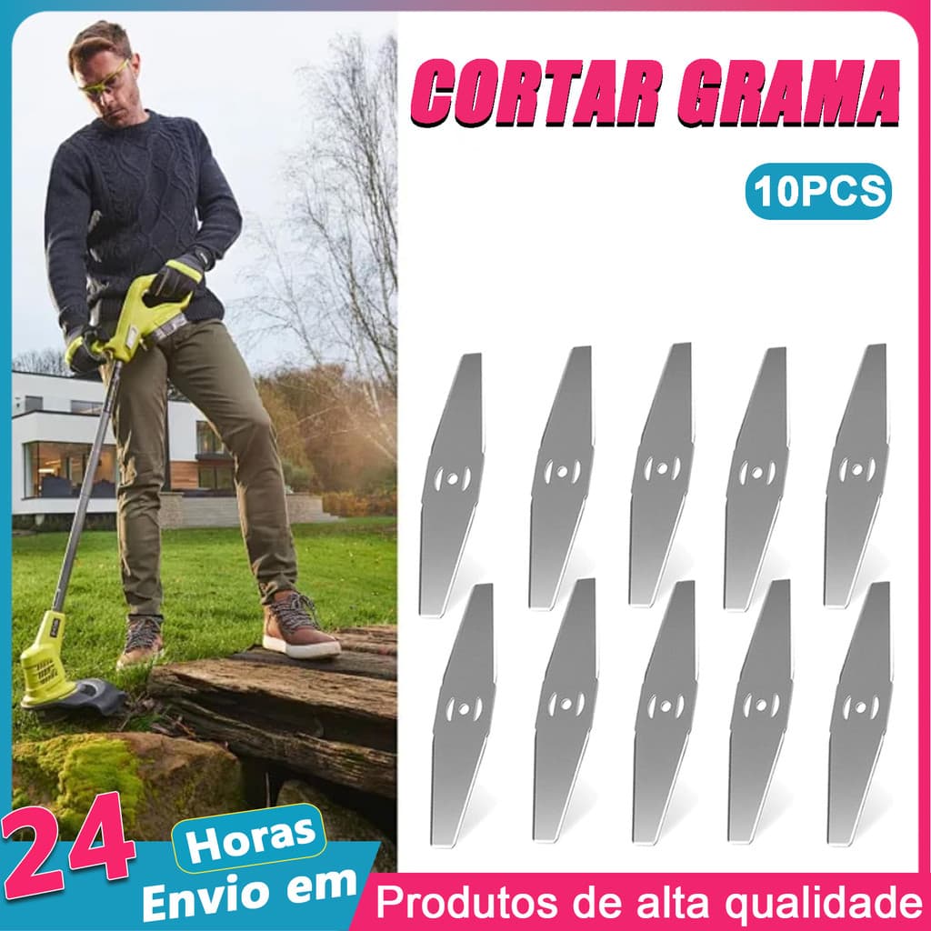 Kit 10 Peças Lâminas Cortador Grama Aparador Bermas, Aço Reforçado Profissional, Capinador Jardinagem Paisagismo