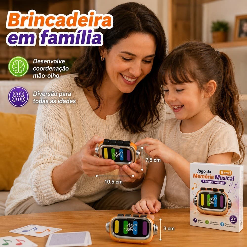 Jogo da Memória e Sequência Musical Eletrônico Mestre do Ritmo USB Portátil 5 Modos  para Crianças e Adulto Foco
