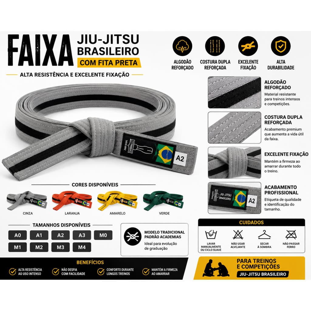 Faixa Jiu-Jitsu Brasileiro Fita Preta Reforçada Para Treino E Competição
