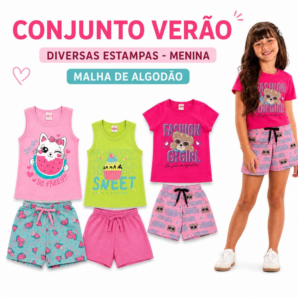 Kit 3 Conjunto Infantil Menina Verão Blusa e Short Algodão Estampas Sortidas 1 ao 14