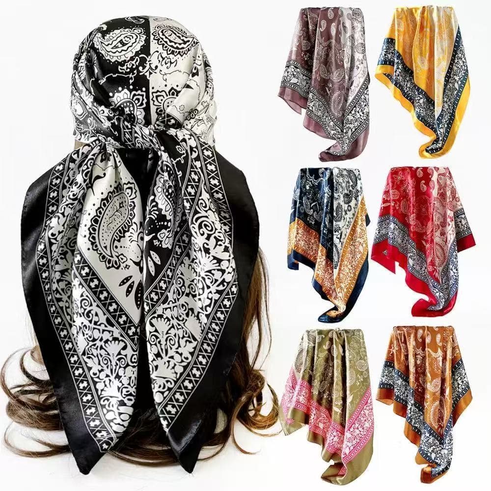 Lenço Feminina Pescoço Echarpe Cetim Estampas 90x90cm