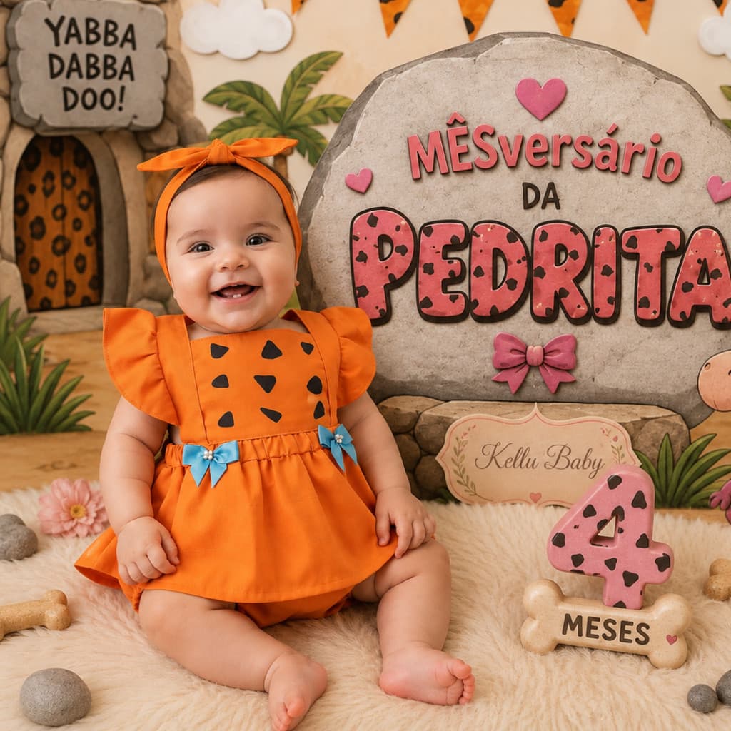 Romper Jardineira Pedrita com Lacinho Mesversário Temático Fotos Bebê Menina