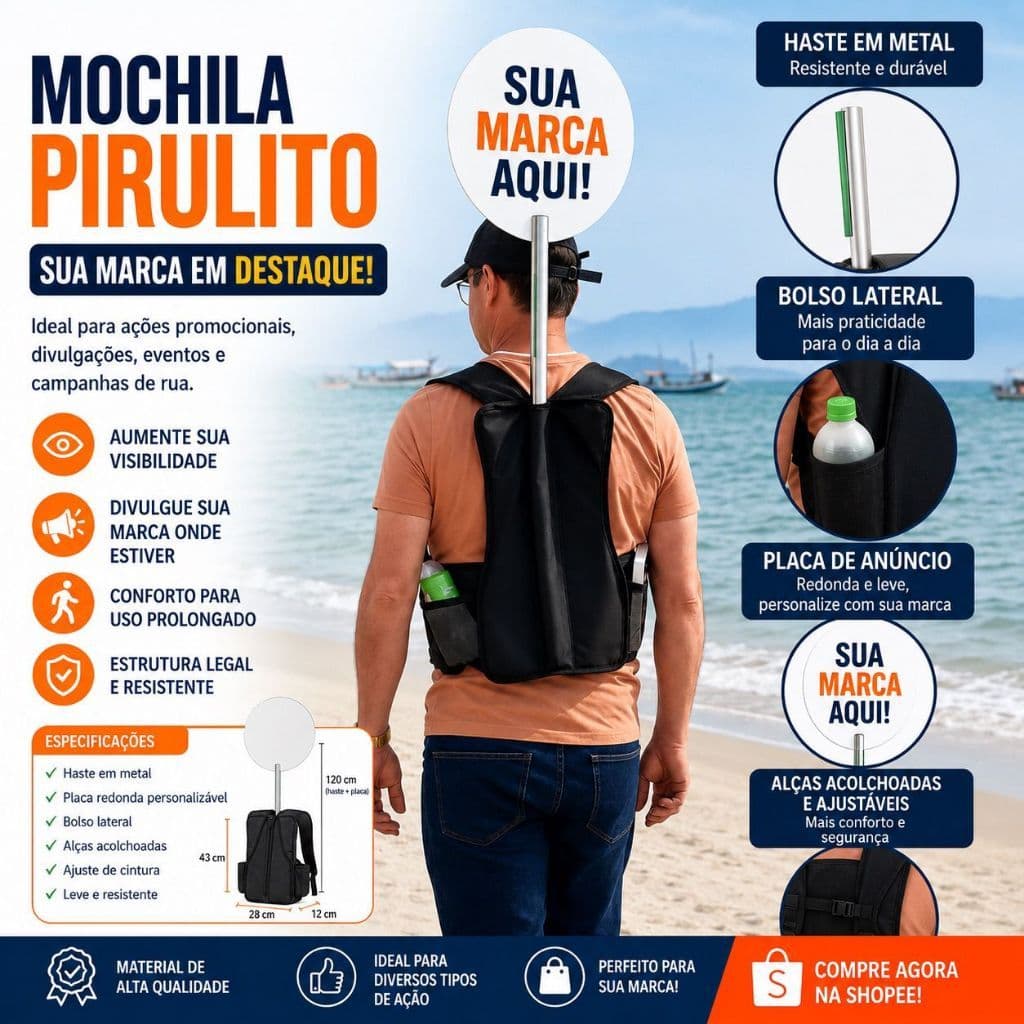 KIT 4 Mochila propaganda Pirulito Promocional com Haste Metálica + Placa Redonda 40cm para Divulgação e Eventos