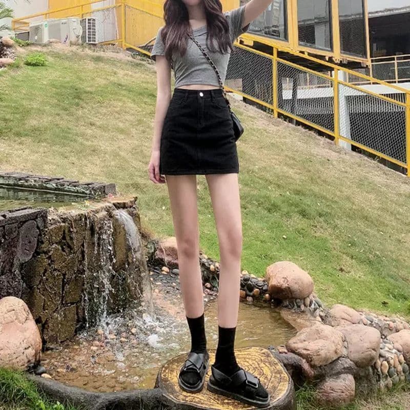 Saia jeans preta feminina novo estilo cintura alta saia curta mais fina