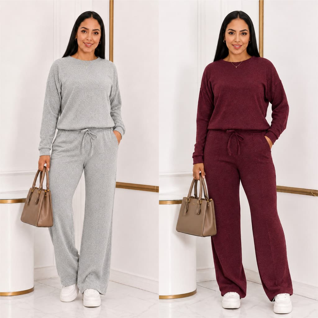 Conjunto Feminino Canelado em Malha Premium Comfort Blusa de Frio Manga Longa e Calça Pantalona Moletom Outono Inverno