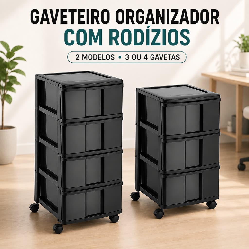 Gaveteiro Organizador com Rodízios 3 ou 4 Gavetas Multiuso Plástico Resistente