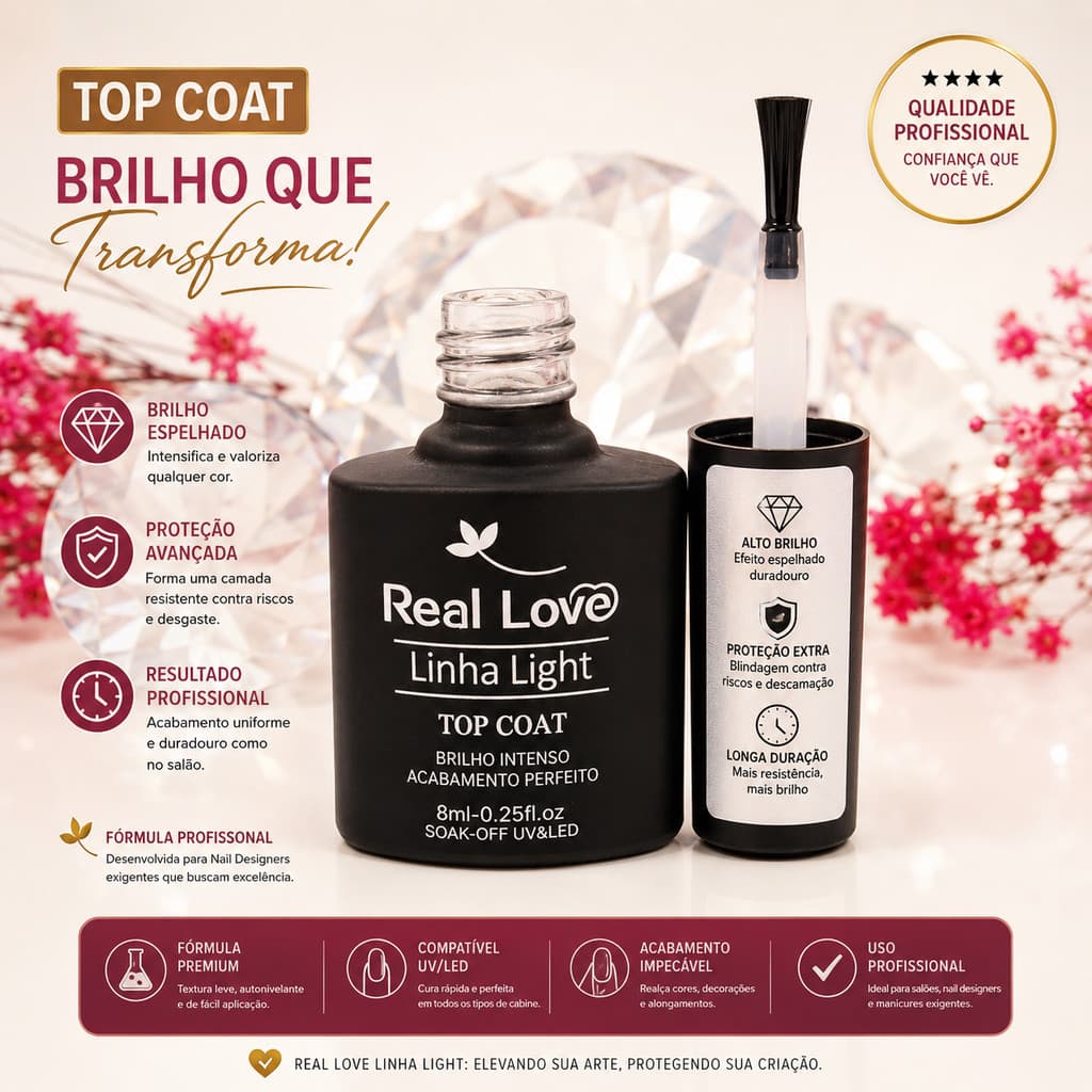 Top Coat Real Love Linha Light 8ml UV/LED Extra Brilho Selante para Unhas em Gel Nail Designer Profissional