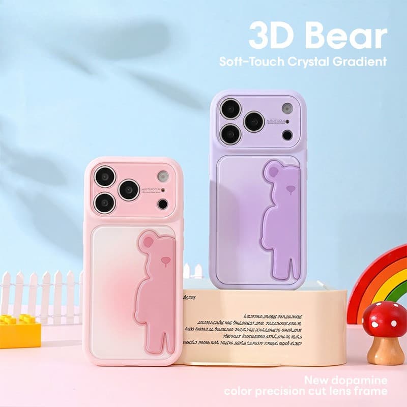 Nova Capa De Telefone Acrílica Elegante Gradiente 3D Bear Para iPhone 17 16 15 14 13 Pro Max De Corpo Inteiro À Prova De