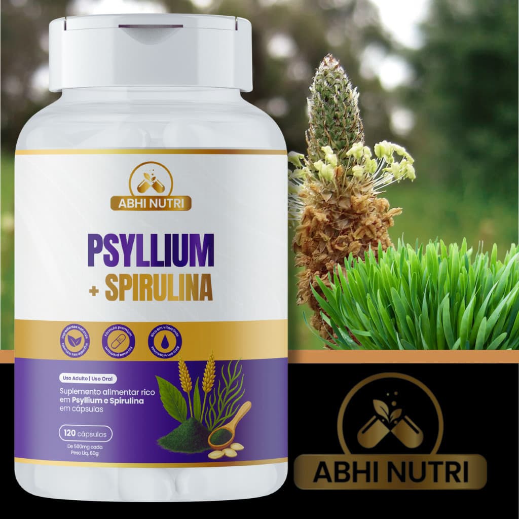 Psyllium + Spirulina - 120 Cápsulas de 500 mg - Kits Com 1, 2 e 3 Frascos. ABHI Nutri