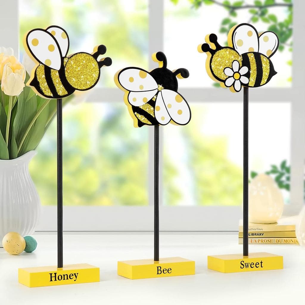 Conjunto de 3 Peças de Decorações de Verão para Bandeja em Camadas, Placas de Madeira com Tema de Abelha para Mesa, Deco