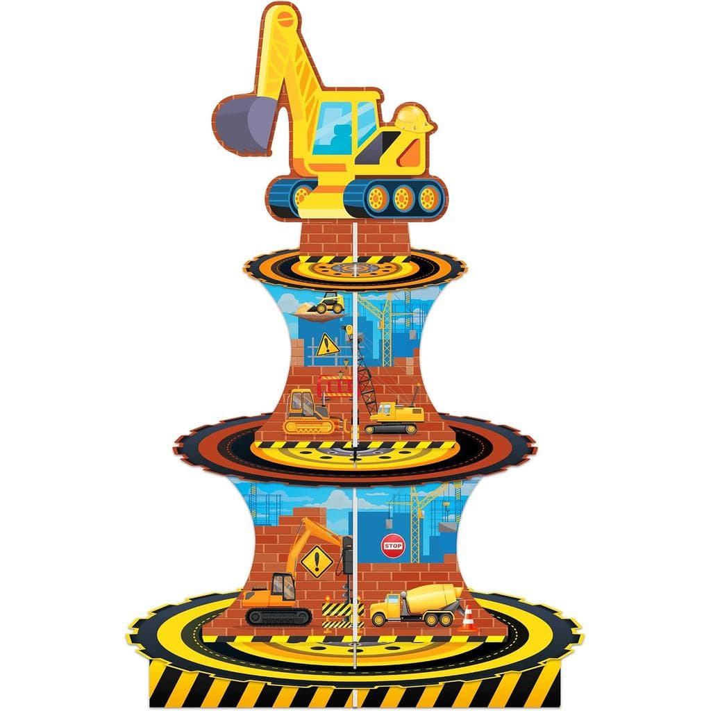 Suporte de Cupcakes de Papelão de 3 Andares com Tema de Construção, Torre de Exibição de Sobremesas em Forma de Caminhão