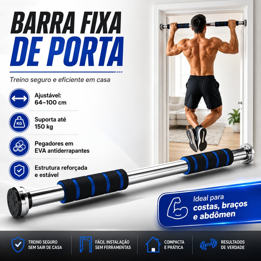 Barra Fixa Flexão Porta Apoio Regulável 62 a 100 Cm, com apoios de braços, pode suportar até 150 kg
