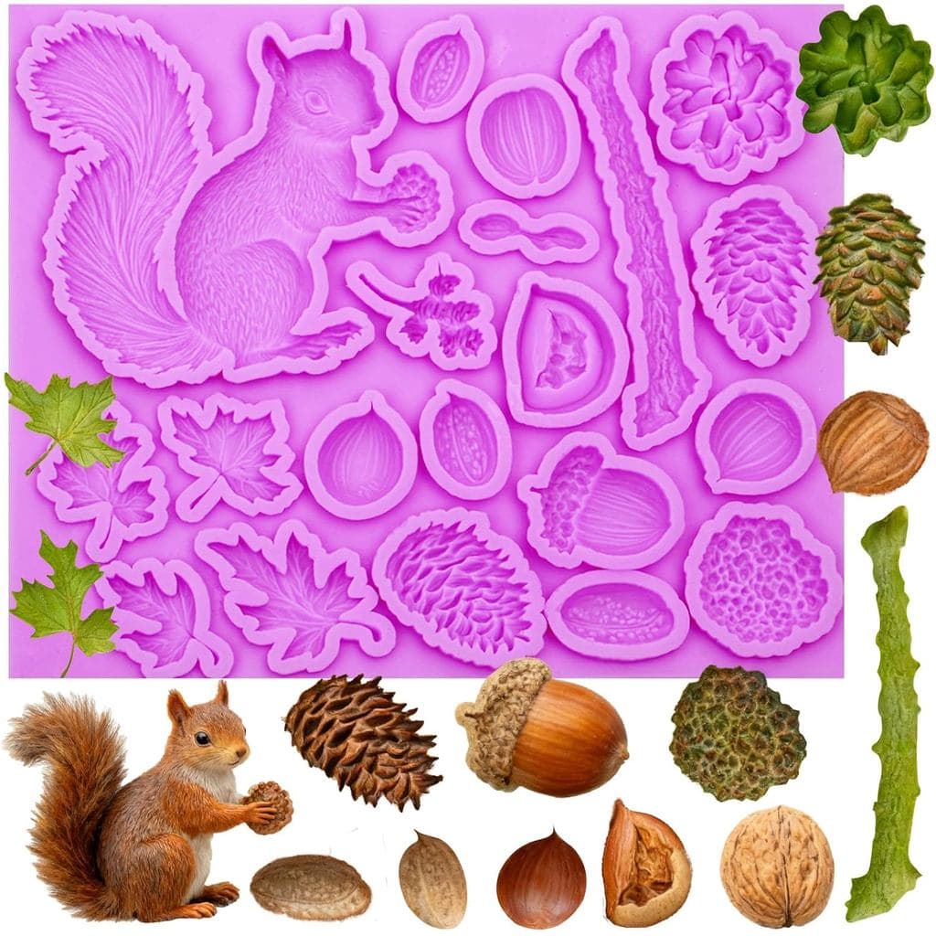 Fall Silicone Molds, Squirrel Acorns Pine Fondant Molds Cones Nuts Flowers Maple Leaf Chocolate Baking Mold for Cake Dec