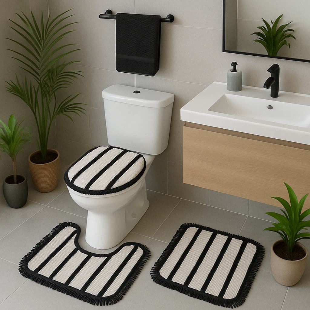 Jogo de Banheiro com 3 Peças em Algodão, Listrado Estilo Boho com Franjas Decorativas Top