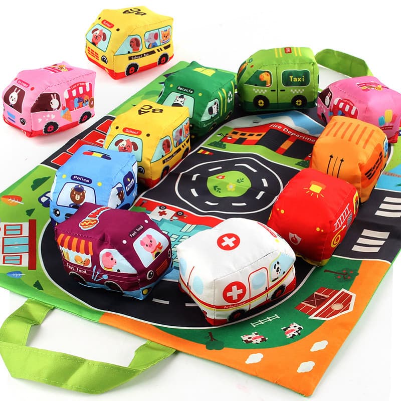 Livro de tecido macio para bebês em formato de carro com bolsa de armazenamento, tapete, brinquedo de educação infantil
