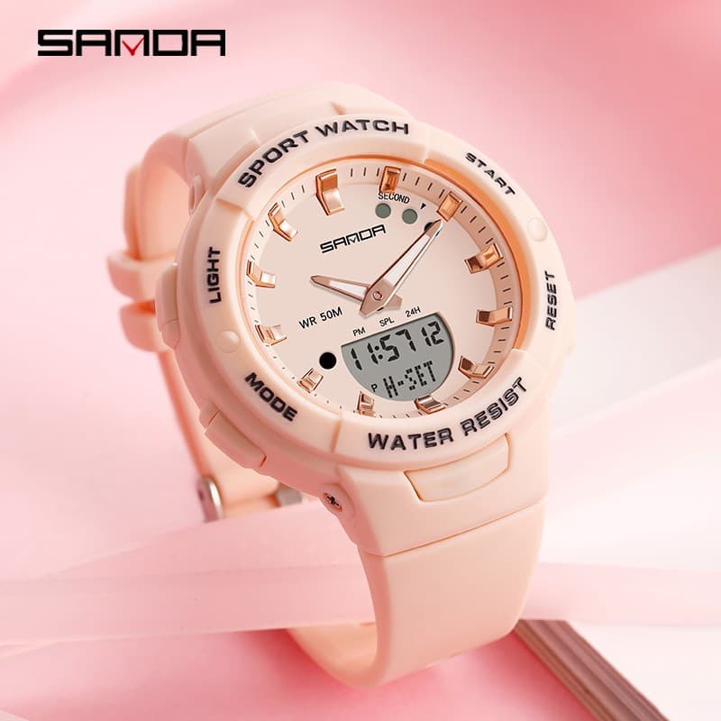 Sanda senhoras relógio à prova dwaterproof água luxo elegante multifuncional temporizador luminoso ao ar livre senhoras
