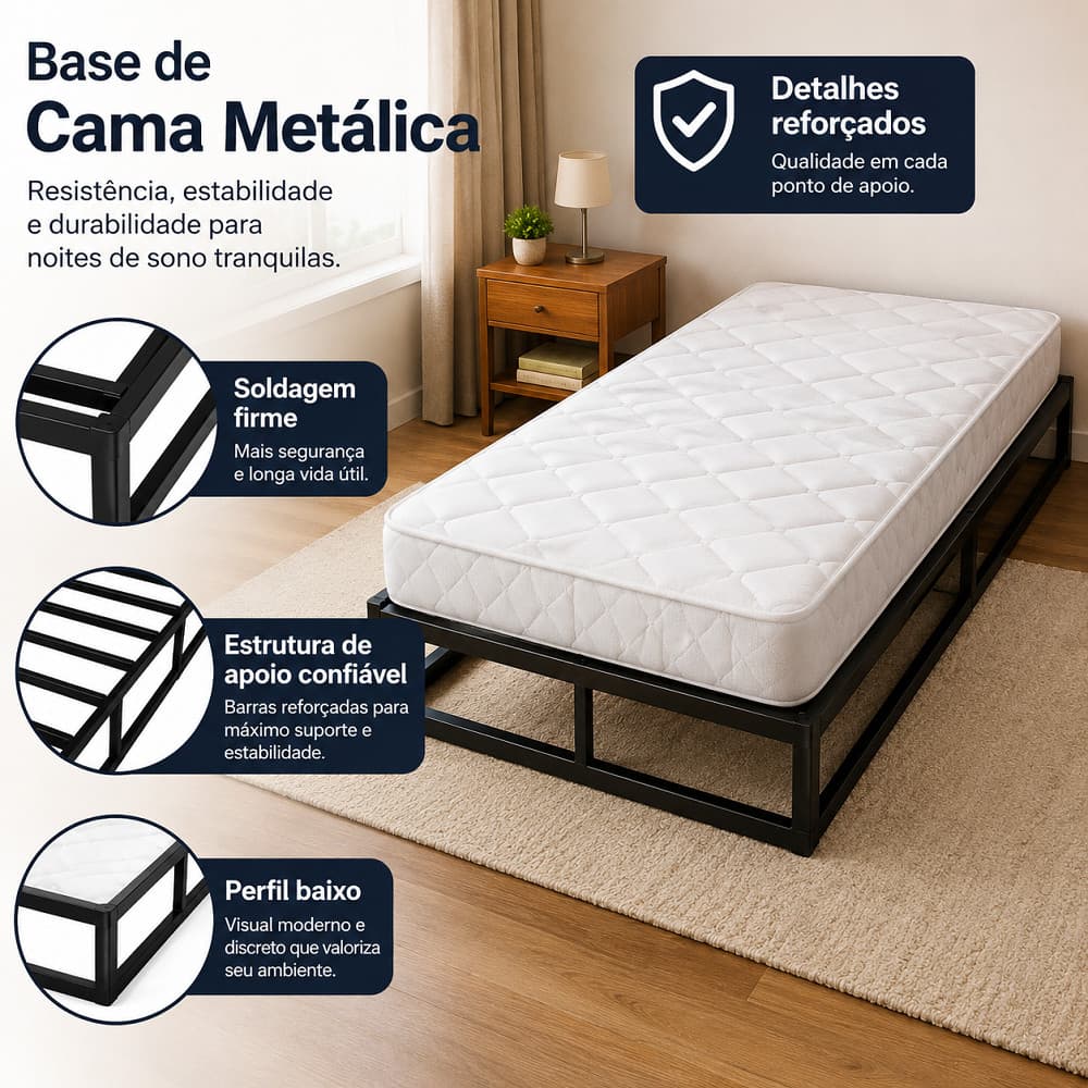Cama de Metal Solteiro Casal Fácil Instalação com Estrutura de Ferro Grosso Cama de Ferro para Quarto Pequeno