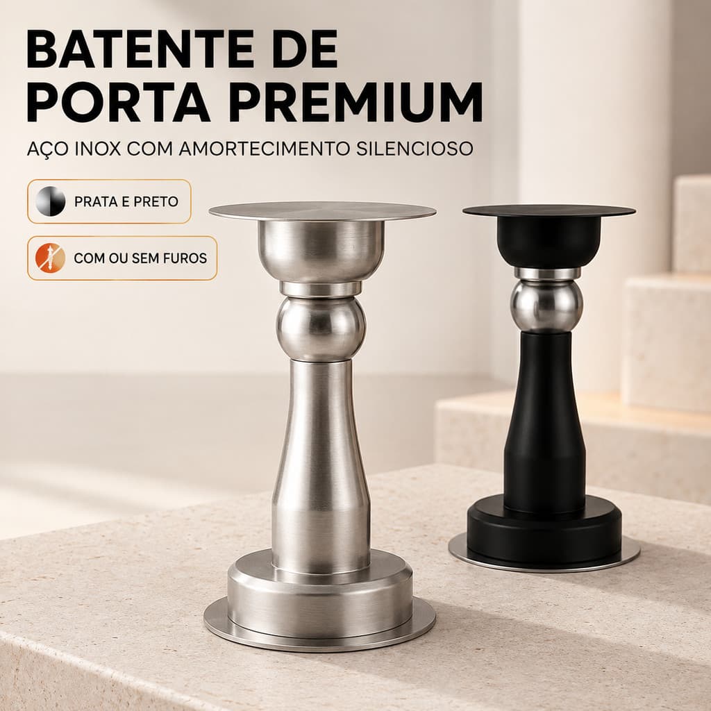 Batedor Batente Trava Porta Aço Inox Premium Amortecedor 3M Sem Furo E Com Parafusos Dupla Instalação