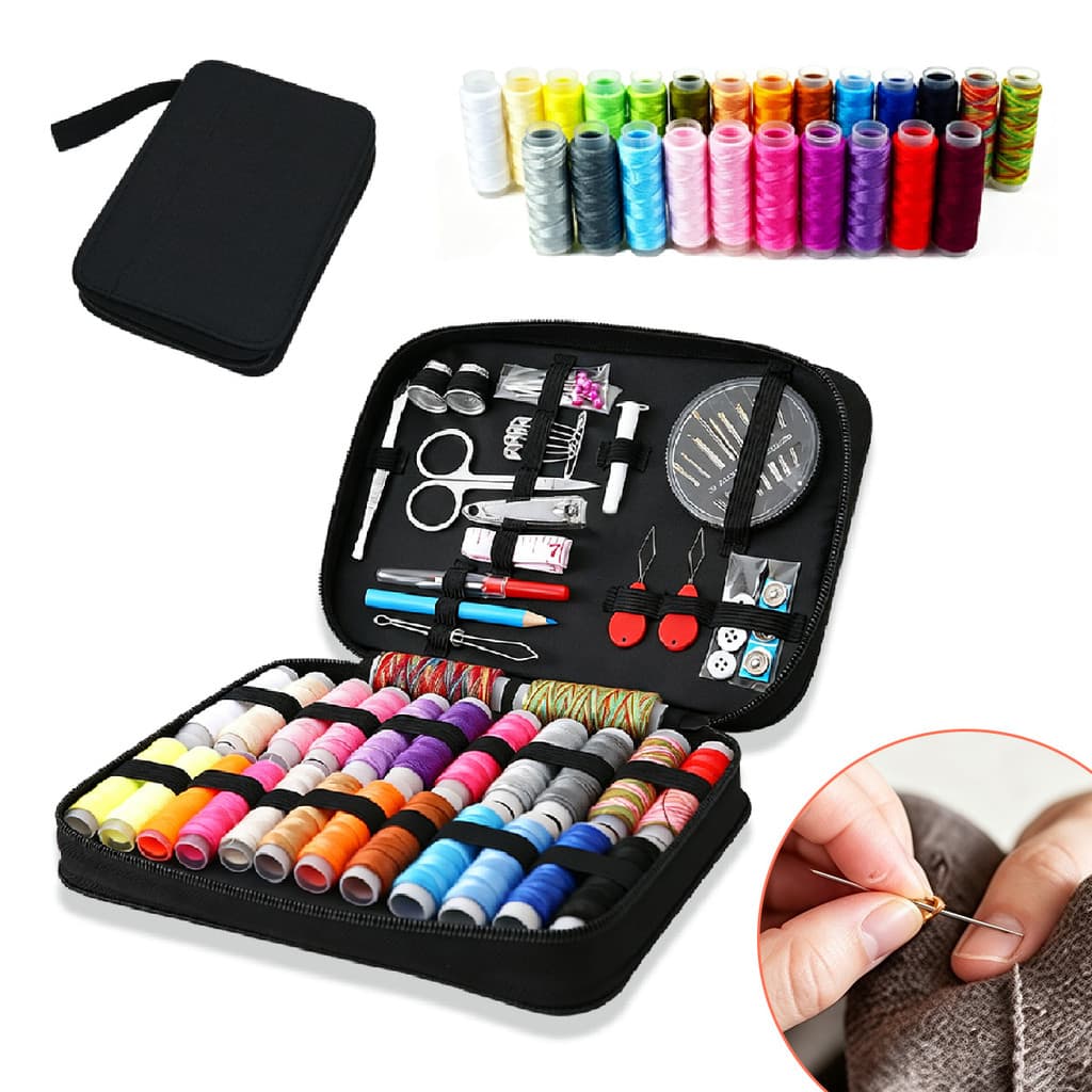 Kit com 97 Peças de Costura Completo Estojo Portátil com Linhas, Agulhas e Tesoura Acessório para Reparos