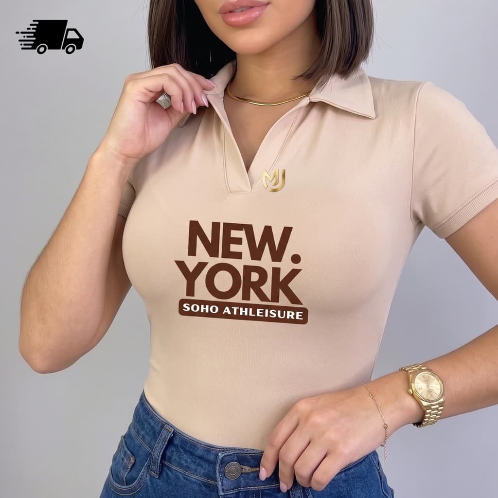 Body Feminino Moda Gringa Bory Polo Suplex Gola Polo Manga Curta Confortável Elegante  P ao G2