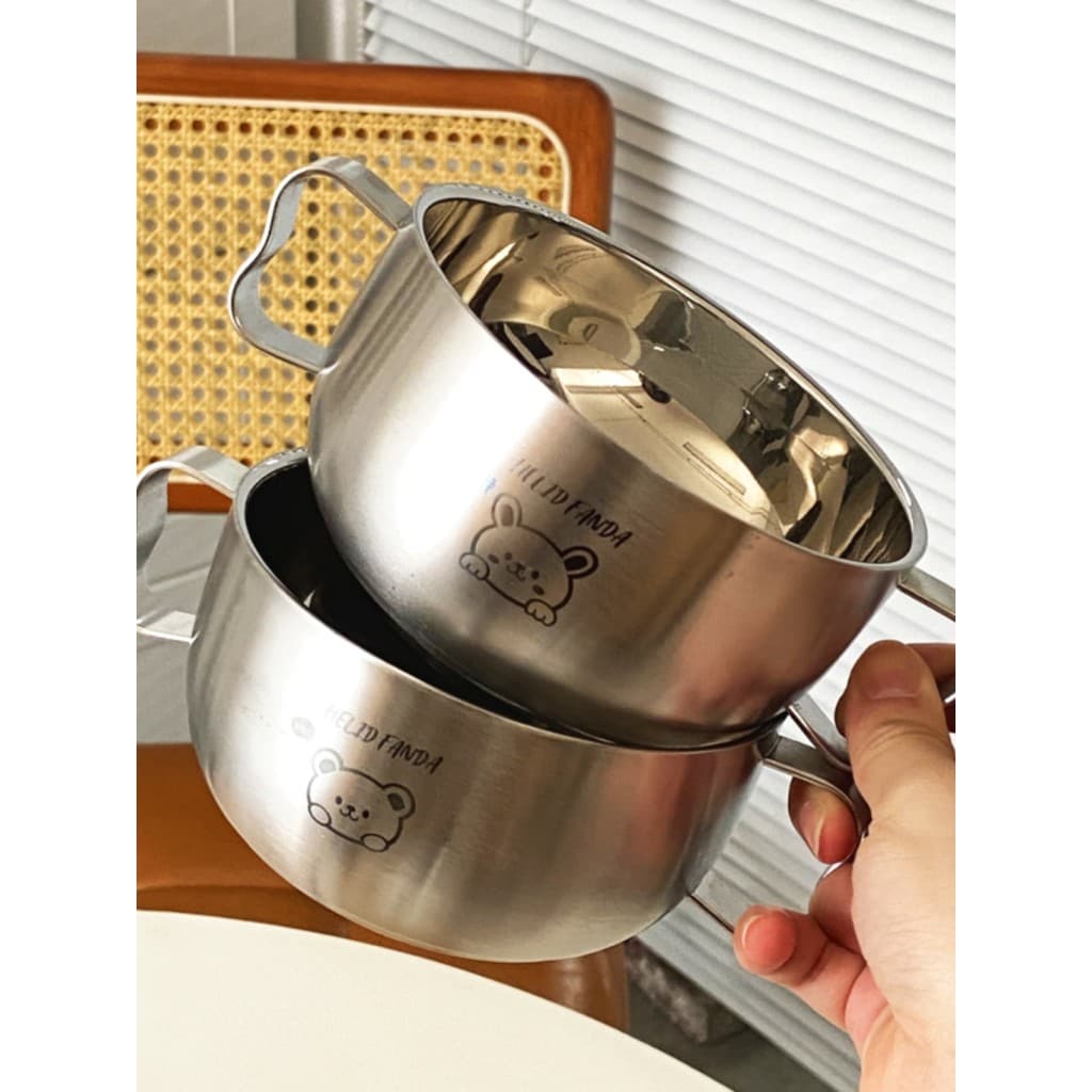Tigela infantil de aço inoxidável 304, tigela de sopa de orelha dupla espessada de camada dupla com alça, tigela para be