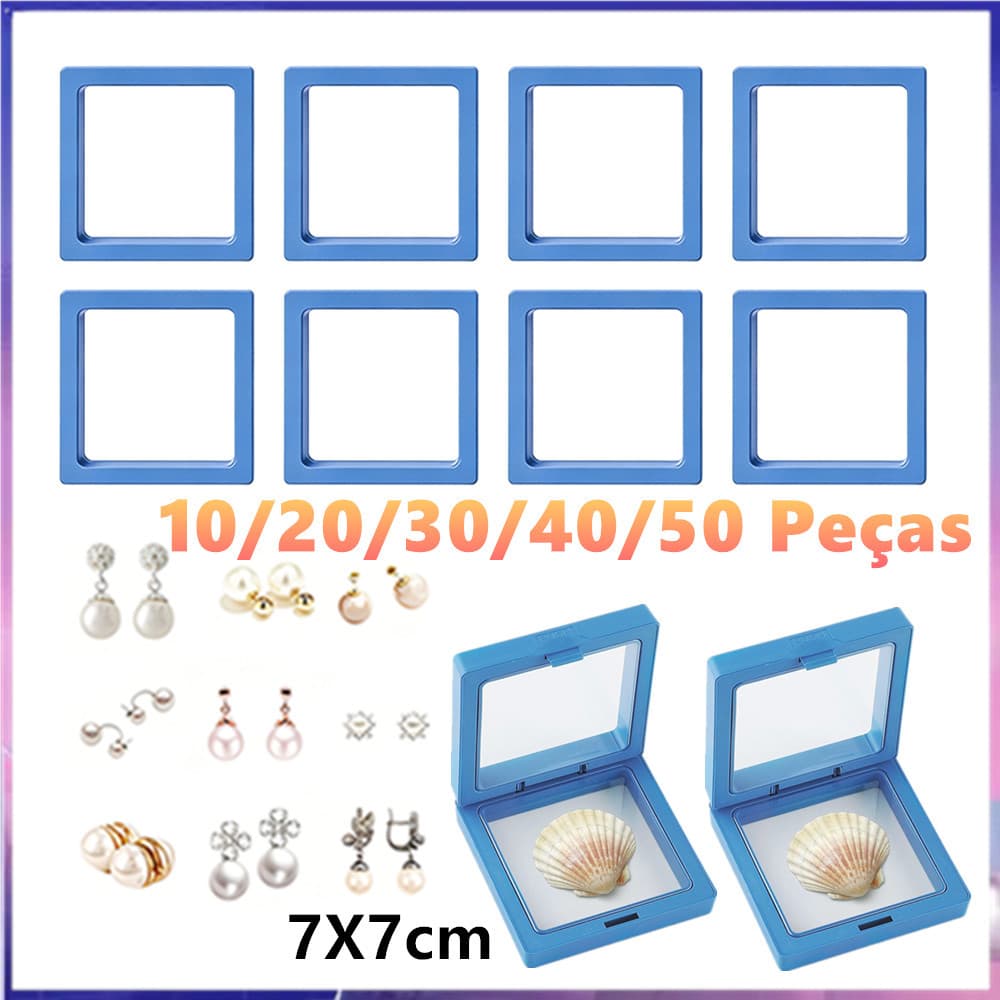 Caixa de exibição de moldura flutuante 10-50, azul 7x7cm, joias preservadas e colecionáveis de crachás