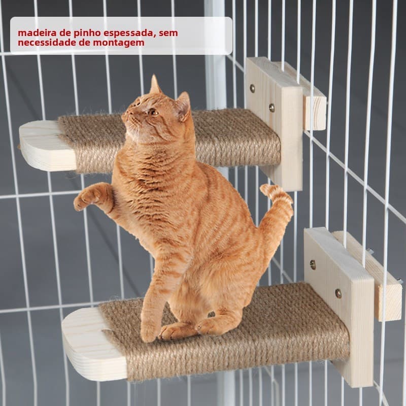 Escada de Madeira Maciça para Gatos, Plataforma de Escalada para Gatos sem Montagem com Corda de Sisal para Arranhar