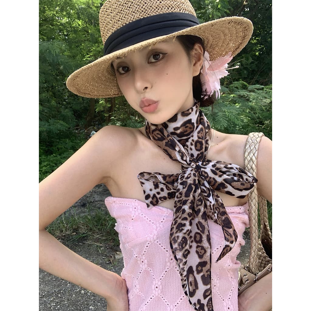 Estilo europeu americano leopardo impressão Chiffon longo tira cachecol moda feminina quente menina lenço decorativo luz