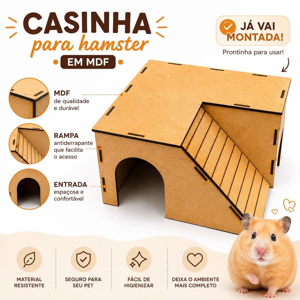 Casinha de Madeira para Hamster Toca MDF com Rampa Plataforma Acessório para Gaiola