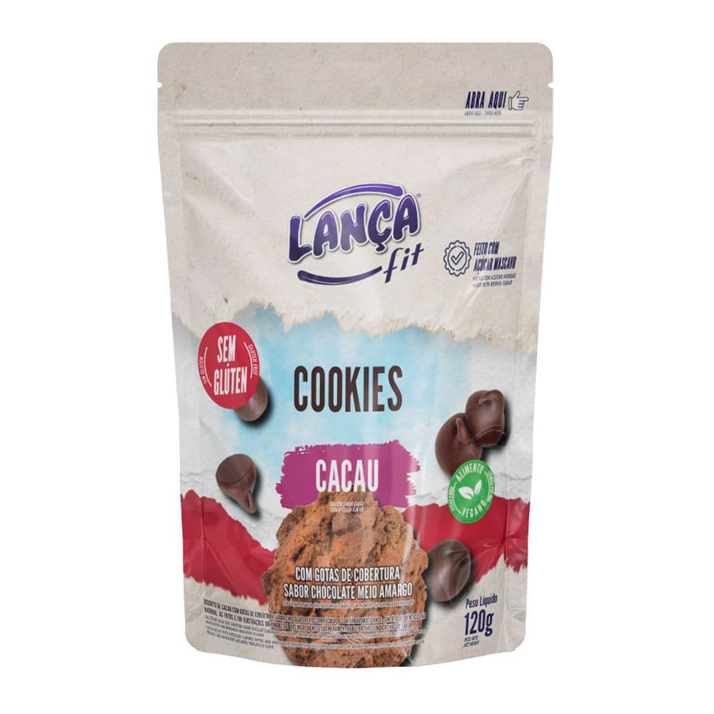 Cookies Lança Fit Cacau com Gotas de Cobertura Sabor Chocolate Meio Amargo Sem Glúten 120g