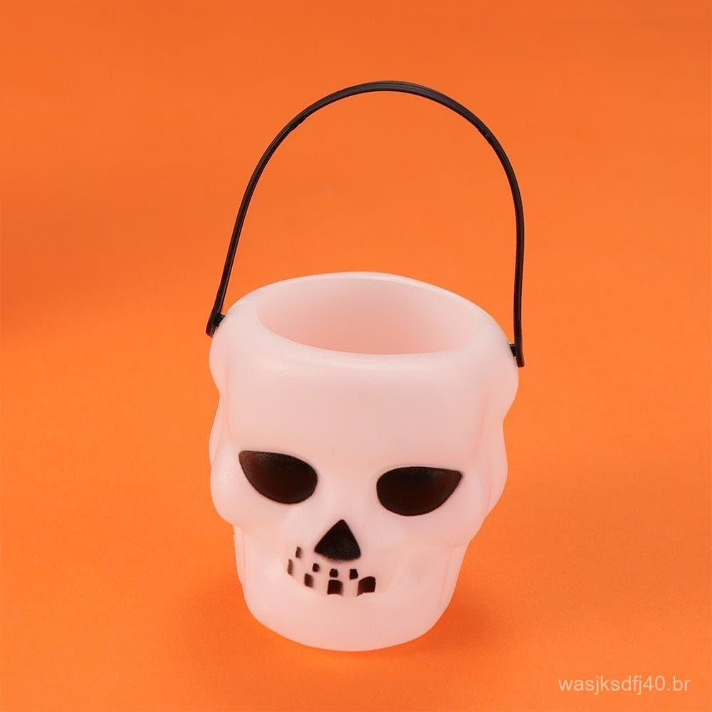 Porta-doces em formato de caveira LICAUV, balde de plástico branco com alça, chaleira de Halloween.