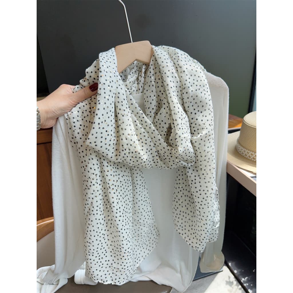 Dourado Polka Dot lenço de seda feminino primavera verão viagem protetor solar xale toalha de praia fino algodão linho c