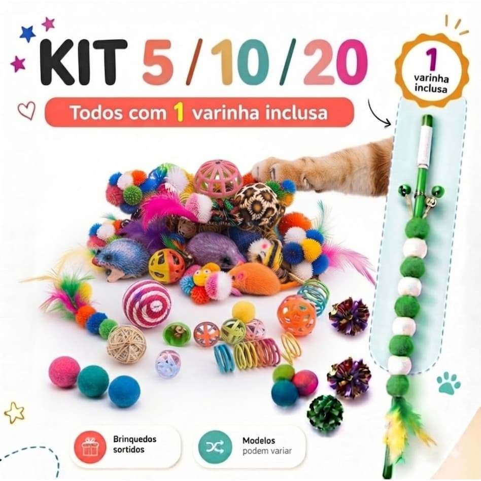 Kit Brinquedos para Gatos Pet Sortidos com Pena Bolinha Mola Ratinho Varinha para Gatos e  brinquedo sortido