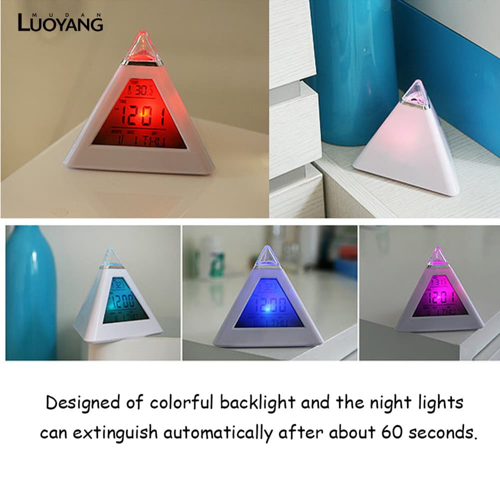 Pirâmide LED Backlight Display Digital Tempo Termômetro Calendário Despertador
