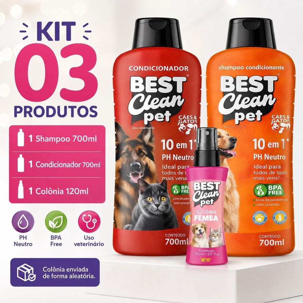 Kit Shampoo Neutro e Condicionador Pet 10 em 1 com Colônia Best Clean Pet - 700ml+700ml+120ml, pH neutro, sem parabenos