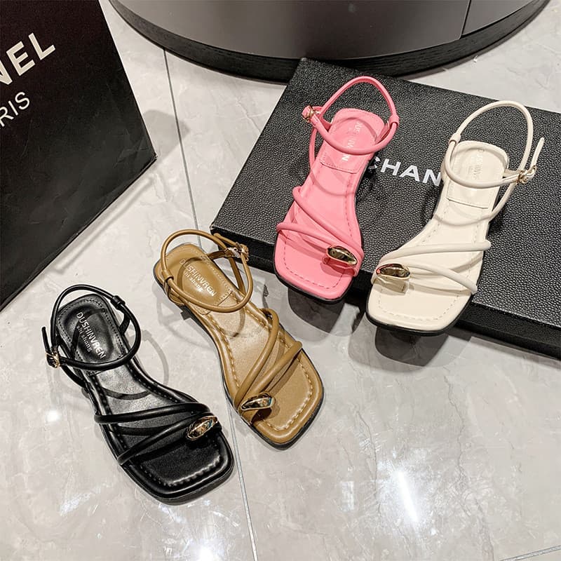 4 cores sandálias de alça plana mulheres verão respirável All-Match quadrado toe capa toe sapatos romanos exterior Wear