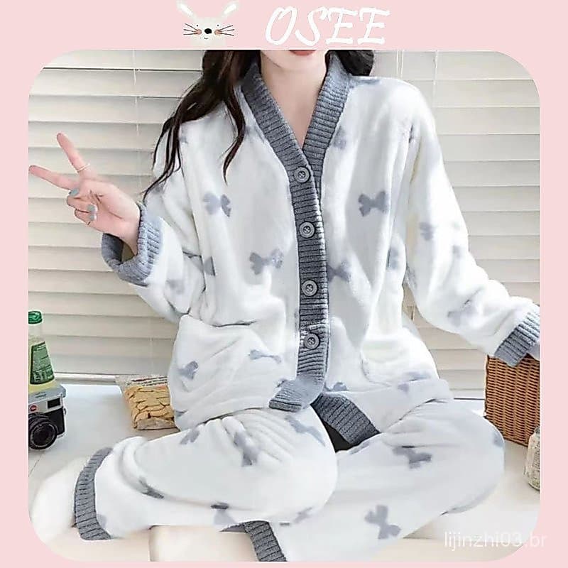 [OSEE] Pijamas femininos de outono e inverno, feitos de flanela de veludo ártico, quentes e soltos, roupas de inverno, p